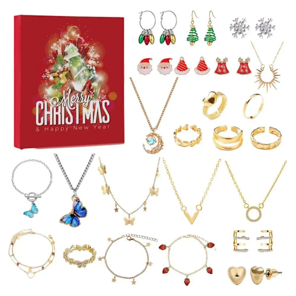 Julnedräkningskalender Juladventskalender 2023 För barn Smyckeskrin 8 örhängen 6 ringar 6 halsband 4 armband style 1