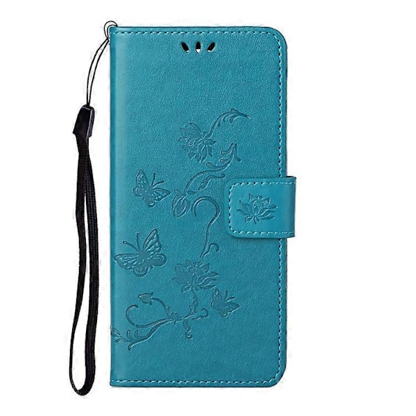 Moderigtig pungfunktion Flip Prægede Sommerfugle Blomst PU Læder Ridsefast Telefon Cover Stativ Skal Kompatibel Med M Blue