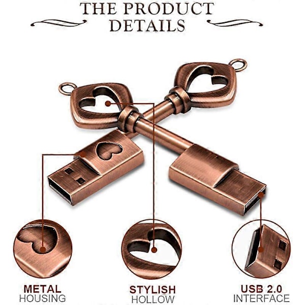32GB USB Flash Drive, Retro Metal Nøgleform USB Flash Drive Memory Stick USB 2.0 Pen DriveMetal Hjerteformet U Disk, Bronze, En Stykke