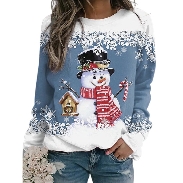 Dam Jul snögubbe Snowflake printed tröja Långärmad T-shirt Crew Neck Xmas Pullover Top Blus style 4 2XL