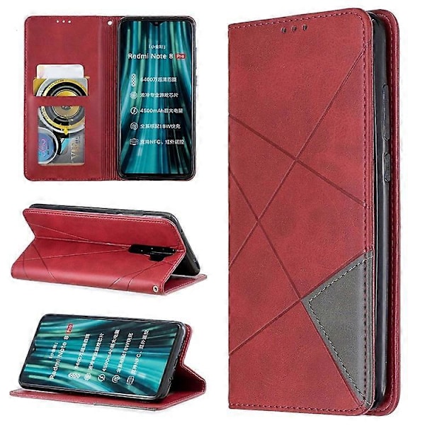 Geometriskt Mönster Ställ Läder Korthållare Fodral Kompatibelt För Xiaomi Redmi Note 8 Pro Red