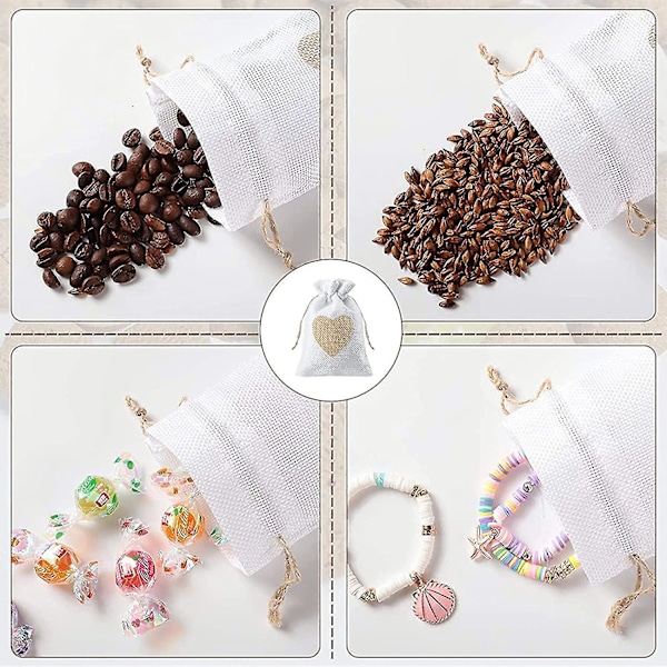 24 stk. Jutesekker med hjertemønster 10*14cm, For smykkeskrin Bryllupsgaver For godteri Gaver Dåp Bursdag Jul Små (hvit) A