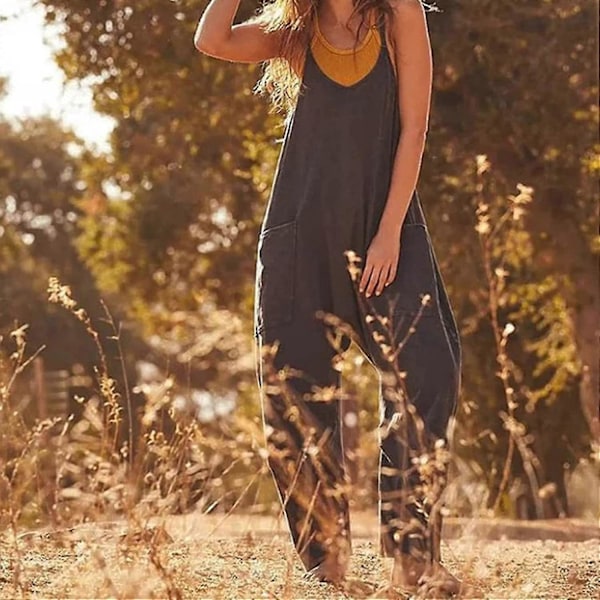 Jumpsuit med lommer, Jumpsuits med brede ben og lommer | Oversized ærmeløse jumpsuits med spaghettistropper til kvinder i høj kvalitet