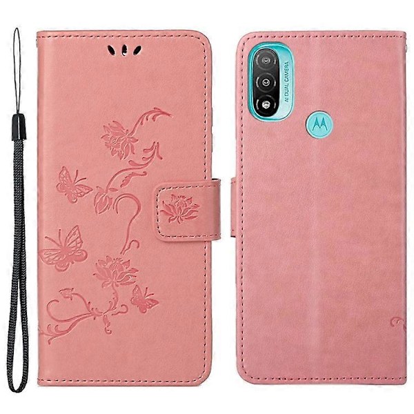 Moderigtig pungfunktion Flip Prægede Sommerfugle Blomst PU Læder Ridsefast Telefon Cover Stativ Skal Kompatibel Med M Pink