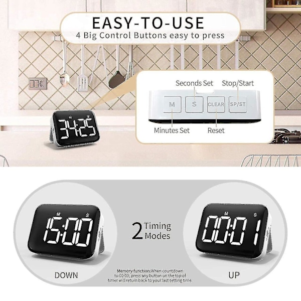 Digital Køkken Timer - Magnetisk Nedtælling Op-Tælling Timer Med Stor LED-Skærm Høj Lydstyrke Til Kø