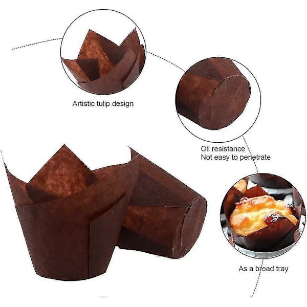 200 stk. Tulip Cupcake Bageforme, Muffin Bagepapir Holdere, Rustik Cupcake Indpakning, Brun, Hvid og Naturfarve