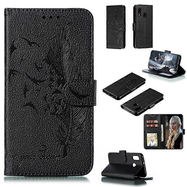 Litchi Tekstur Præget Fjer Læder Telefon Cover med Wallet Stand Kompatibel til Samsung Galaxy A20e Black