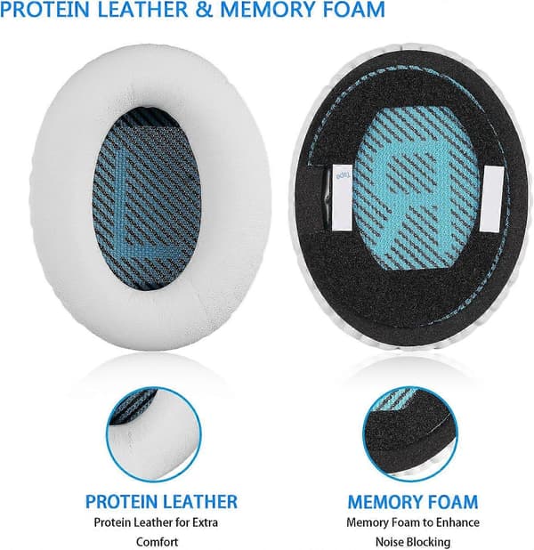 2x hvite øreputer, trådløse surround-øreputer for over-ear hodetelefoner