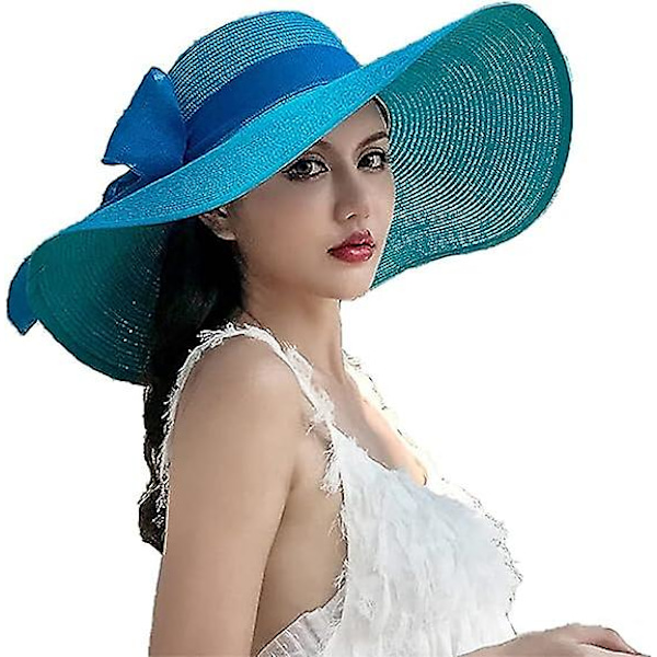 Sammenleggbar floppy hatt for kvinner, bredbremmet solhatt i strå, sommer UV-beskyttelse strandhatt (l)