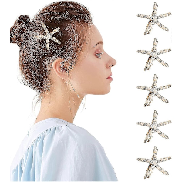 5 stk. Hårspenner med Sjøstjerner, Perle Rhinestones Sklisikker Hårspenne For Kvinner Brud