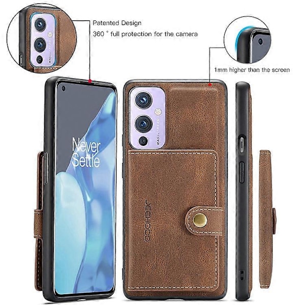 JEEHOOD Magnetisk Plånbok Avtagbar 2-i-1 Design Läderbelagt TPU-skal Kompatibelt med OnePlus 9 (EU / US Version) Brown