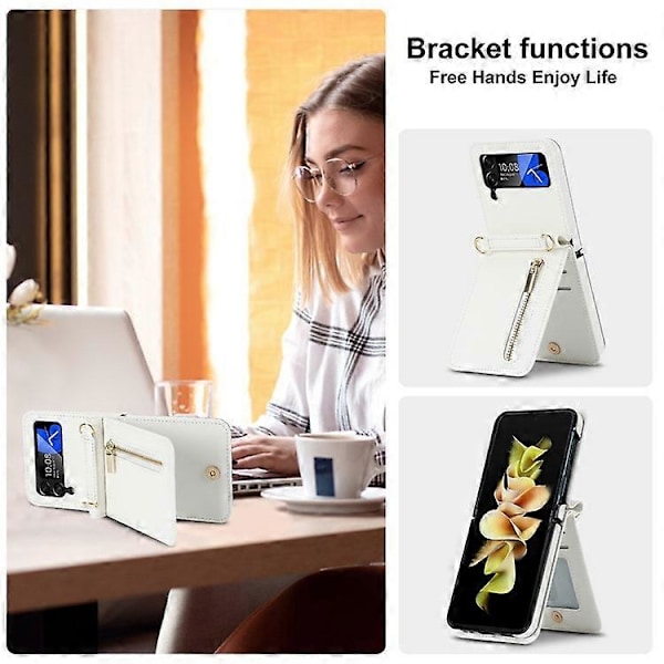 ZD 010 Kompatibel til Samsung Galaxy Z Flip3 5G Lynlås Wallet Telefon Cover med Rem PU Læder PC Telefon Cover White