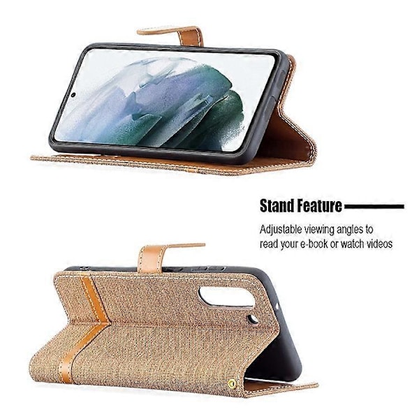 Splejsning Jeans Stof Overflade Læder Telefon Cover Wallet Stand Case Kompatibel Med Samsung Galaxy S21 FE/S21 Lite Brown