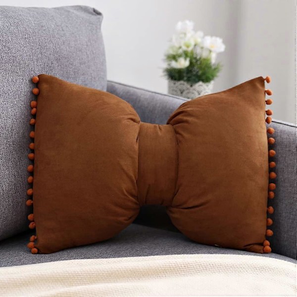 Søte Pompom Sløyfe Pynteputer Semsket Myk Putetrekk med Putefyll for Gårdshus Stue Sofa (Brun, 35x51cm)