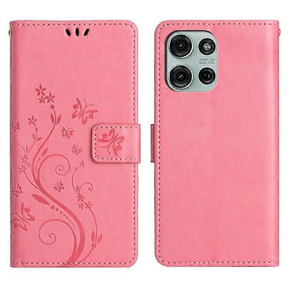 Yhteensopiva Motorola Moto G75 5G Nahkalompakkokotelo, Perhonen Kukka Kuvioitu Puhelinkuori Hihnalla Pink