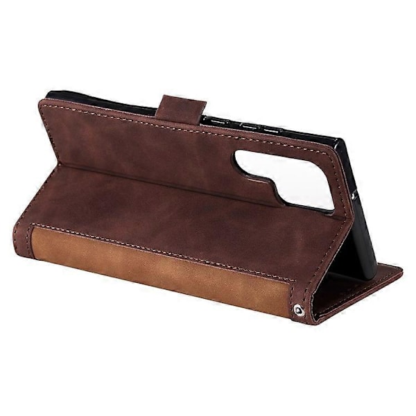 Kompatibelt för Samsung Galaxy S23 Ultra Retro Splicing Stil PU Läder Stötsäkert Telefonfodral Plånbok Ställ Folio Flipskydd med S Brown