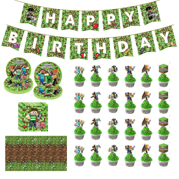Minecraft Pixel Game Theme Party Supplies Dekoration Banner, bordsduk, tallrikar, servetter, Cupcake Toppers Set