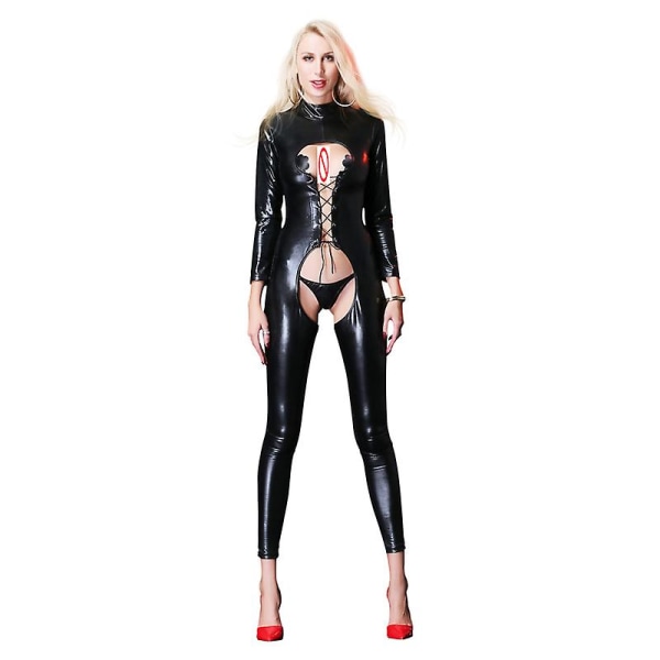 Lady Sexy Leather Pvc Jumpsuit Front Open Erotic Lingerie Crotch Midnight Clubwear Steel Dance Latex Rompersuit Black 01 M