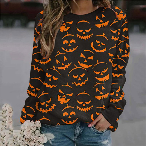 Kvinnor Halloween sweatshirts Pumpa Face Dans Skelettskjorta Långärmad tröja Rolig grafisk tröja style 4 S