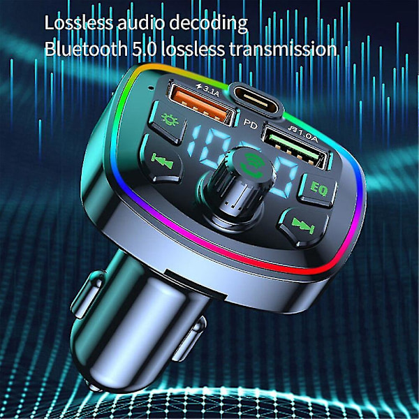 FM-lähetin Bluetooth 18W PD+kaksois-USB 3.1A autolaturi Handsfree TF-kortti U-levy Aux-musiikin toistosarja radioon kaikkiin puhelimiin