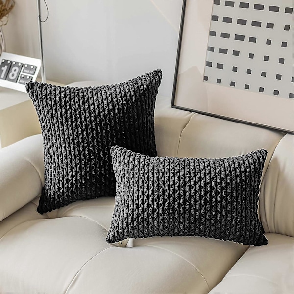 Pudebetræk Fløjlsbukser Firkantet Pude Betræk med Striber Betræk til Soveværelse Sofa Stue Sofa, Sæt med 2, 45x45 cm, Sort
