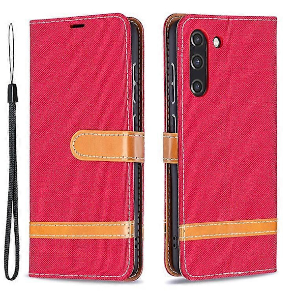 Splejsning Jeans Stof Overflade Læder Telefon Cover Wallet Stand Case Kompatibel Med Samsung Galaxy S21 FE/S21 Lite Red