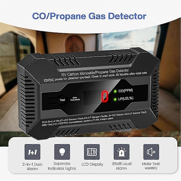 RV Kulilte- og Propangasdetektor, Dobbelt LP/CO Gasalarm med Separate LCD Indikatorlys Edition d