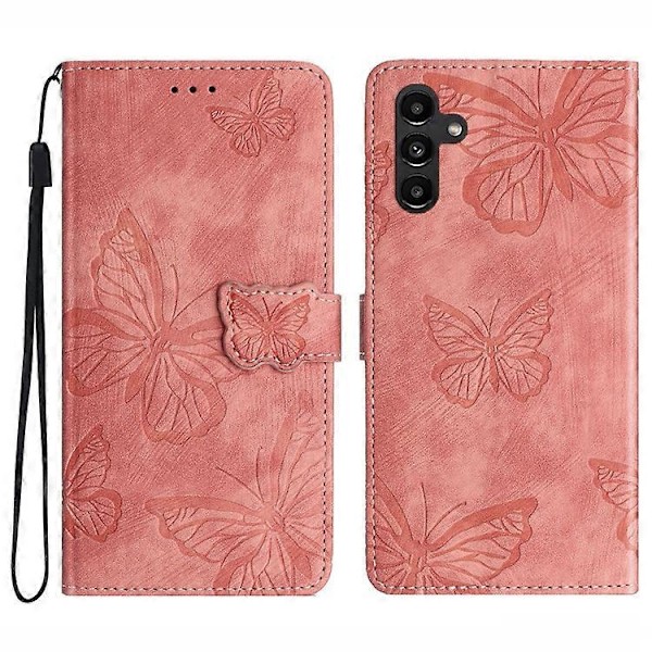 Kompatibelt för Samsung Galaxy A34 5G Ställ Plånboksfodral PU Läder Skin-touch Fjäril Tryckt Skal Pink
