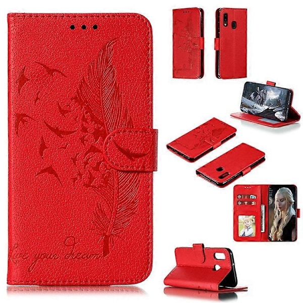 Litchi Tekstur Præget Fjer Læder Telefon Cover med Wallet Stand Kompatibel til Samsung Galaxy A20e Red