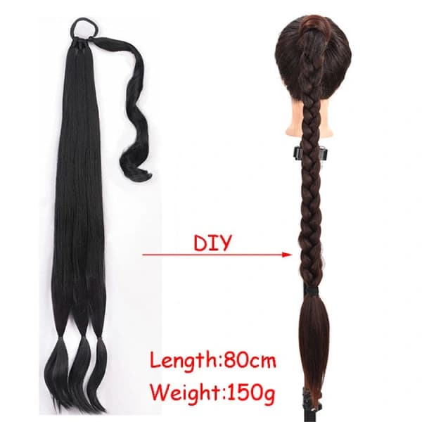 Flettet Hestehale Hår Extensions - 80cm Længde, Mørkebrun, Syntetisk Hår