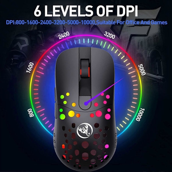 Gamingmus, 2.4G Trådlös och USB Kabelansluten Dual Mode Uppladdningsbar Mus med 6 Programmerbara Knappar Anpassningsbar Bakgrundsbelysning 10000 DPI 1000 Hz (Svart)