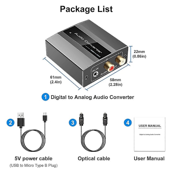 Optisk til RCA-konverter Lydkonverter Digital til Analog Lyd Koaksial til RCA Adapter 3.5mm Aux W
