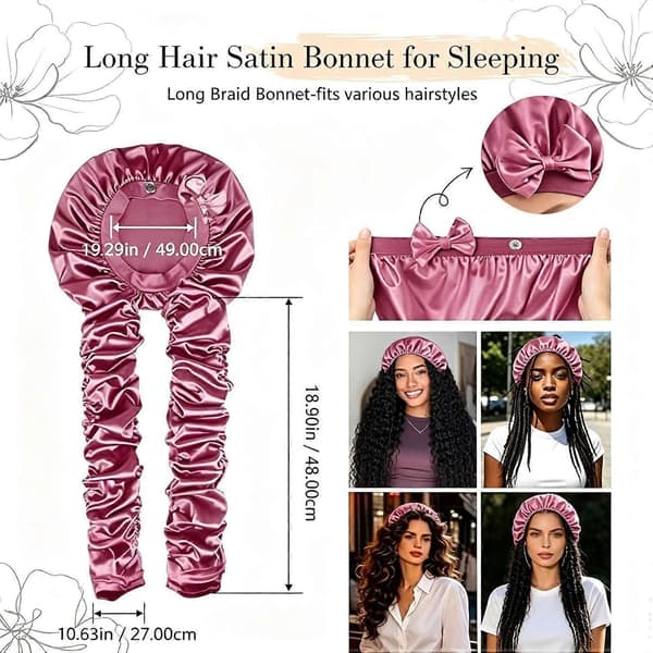 1 stk. kvinders Samurai-hårindpakning, strømpebukse-hætte til lange fletninger, satin sovehætte til varmefri krøller Pink