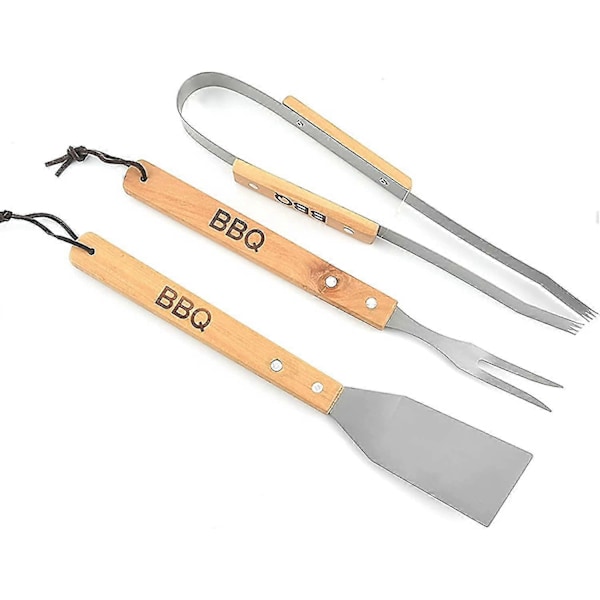 Grillredskaber i rustfrit stål med træhåndtag, spatel, tang, gaffel, grilltilbehør