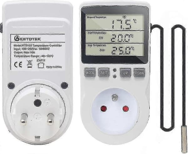 Digital stiktermostat - Temperaturregulator til opvarmning og køling med probe - LCD-display - Timer til akvarium, inkubator, drivhus
