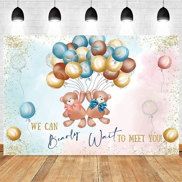 7x5ft Kjønnsavsløring Bakgrunn Baby Bjørn Gutt eller Jente Fotografering Bakgrunn Baby Shower Party Blå og Rosa Banner Dekorasjoner Rekvisitter Fotoboks