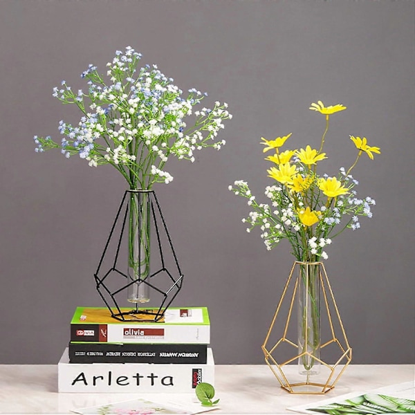Metallställ Klar Blomma Vas Glasvaser Set, Nordisk Stil Geometrisk Glas Järnkonst Växtbehållare för Kontor Hem Bröllop Dekoration (Svart)