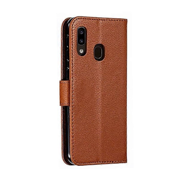 Litchi Tekstur Præget Fjer Læder Telefon Cover med Wallet Stand Kompatibel til Samsung Galaxy A20e Brown