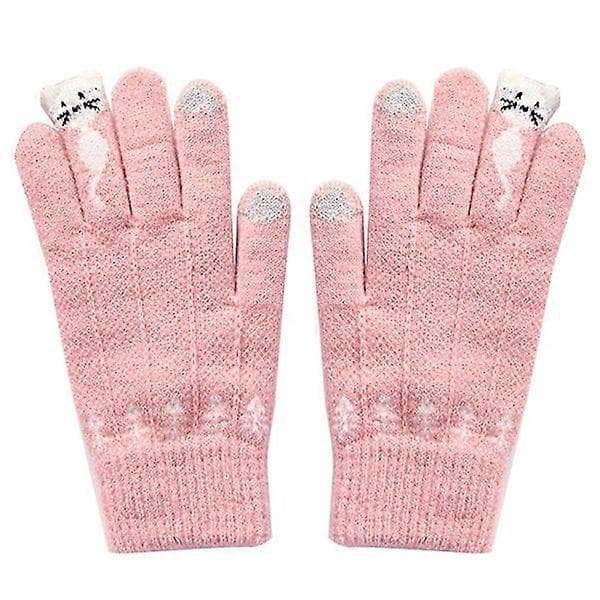 Vinter Dam Söta Tecknade Katter Pekskärmshandskar Hel Finger Stickade Vantar Rosa