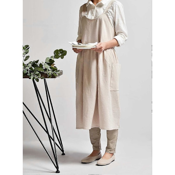 Bomulls- og linforkle med kryssrygg for kvinner med lommer for matlaging, maling, beige, uten knytebånd i livet