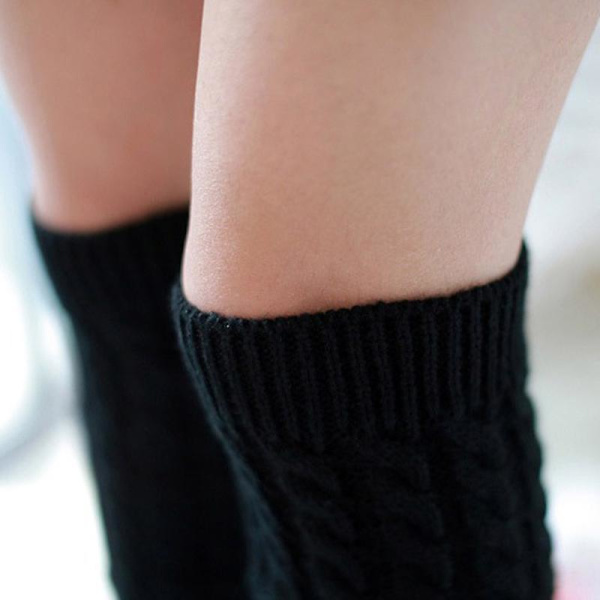 Kvinnor högt knä stickad benärm Vinter benvärmare Strumpor Slouch Boots manschetter Toppers Black