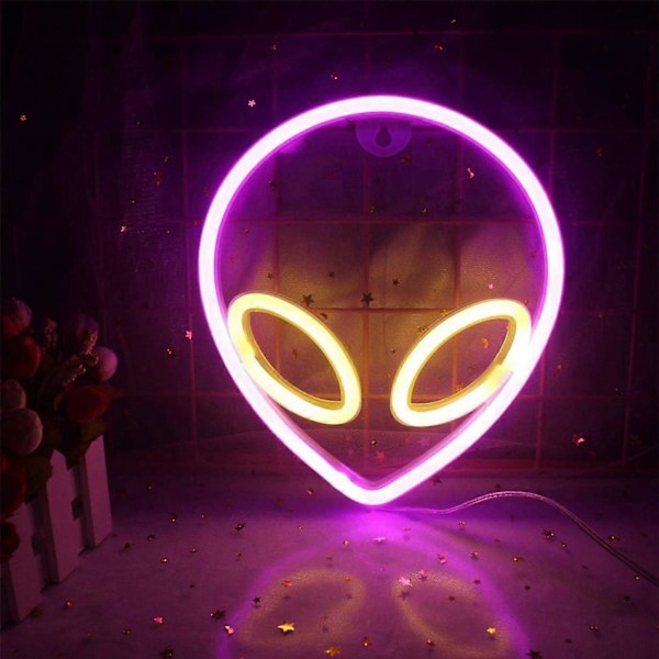 Alien Neonljus LED Neonskyltar för Barnrum Sovrum Hotell Butik Restaurang Spel Kontor Väggkonst Dekorationsskylt Födelsedag (Rosa-Varmvit)
