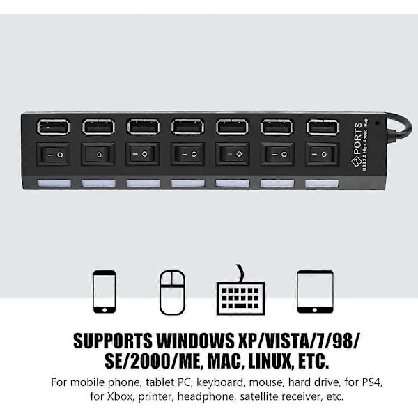 480Mbps 7 Port USB 2.0 Hub, Multifunksjonell Hub Splitter Høyhastighets Dataoverføring for Mobiltelefon, Nettbrett, Tastatur, Mus, Harddisk, PS