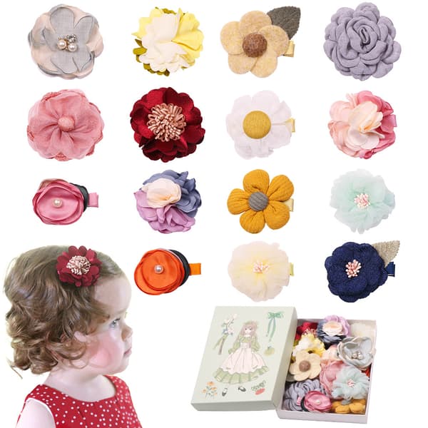 15-delt sæt med hårspænder til piger, blomsterspænder med snor, søde blomsterhåraccessories