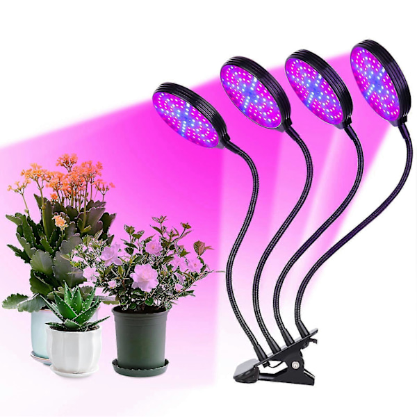LED Vækstlys til Indendørs Planter 60W 4-Hoved Røde & Blå LEDs Auto Tænd & Sluk med 4/8/12H Timer 3 Lystilstande 5 Lysstyrkeniveauer IP66 Vandtæt Clip-