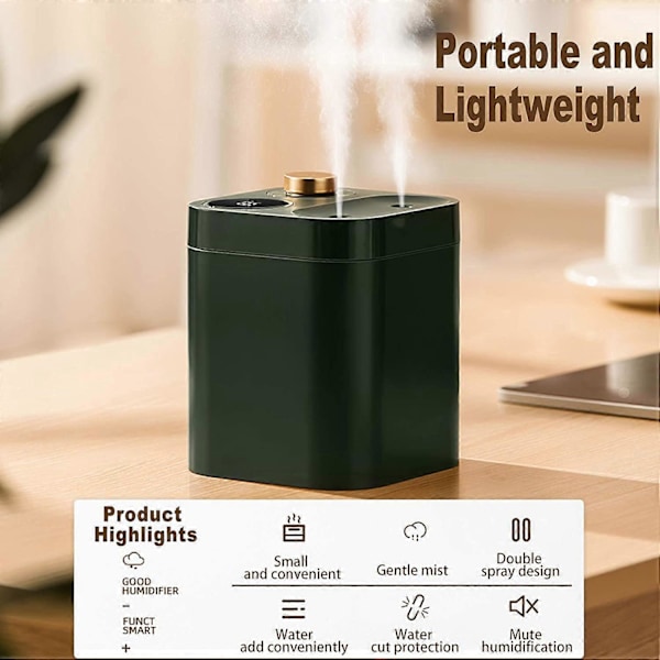Trådløs Luftfukter, 5 Stille Spraymoduser, Med Strømdisplay (800ml Grønn)