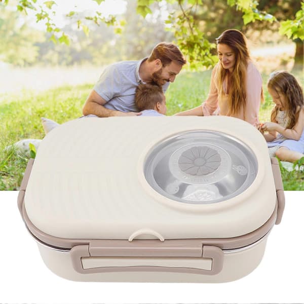 Bento Matboks Rustfritt Stål Rom Termisk Bento Boks Dobbelt Lag Bento Beholdere for Studenter, Beige
