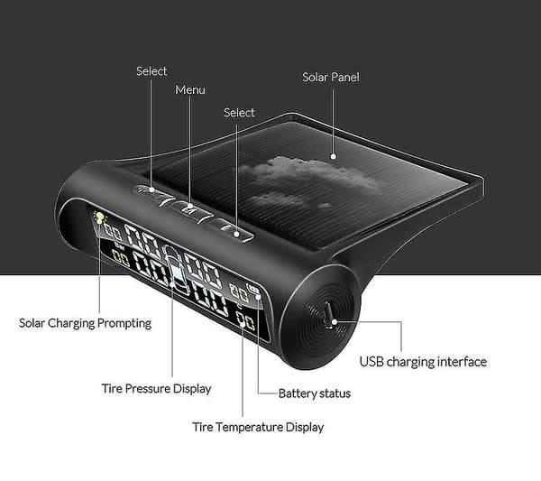 Extern Solar Trådlös Bil Tpms Däcktrycksövervakningssystem Ström Digital LCD-skärm Auto Säkerhetslarmsystem Däcktryckssensor Temperatur