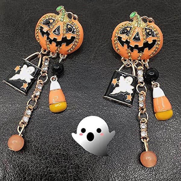 Orange Emalje Krystal Halloween Græskar Spøgelse Hænge Øreringe, Allergivenlige Dingle Øreringe