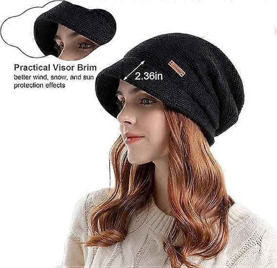 Lösstickad mössa för kvinnor, varm vintermössa med fleecefoder, stretchig skull cap med visir, ljusgrå
